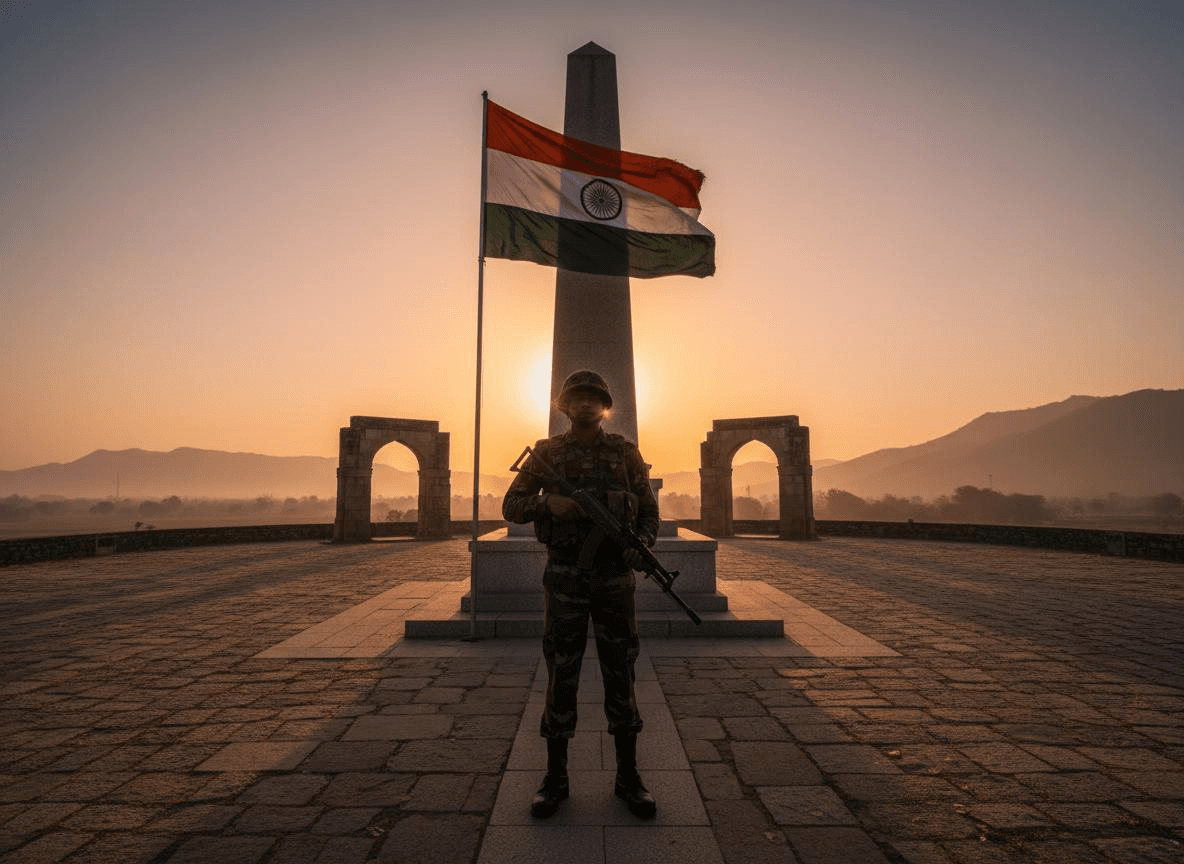 Soldier saluting at memorial with Indian tricolor flag at sunset